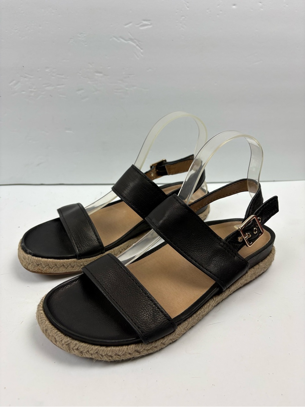 Vionic Lonny Women's Black Leather Strappy Flat Sandals Espadrilles Buckle 8